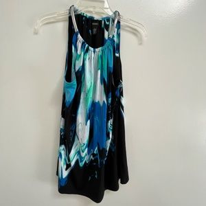 NWOT Alfani Tunic Halter Top Blue Black Abstract Print Metal Straps Wome…